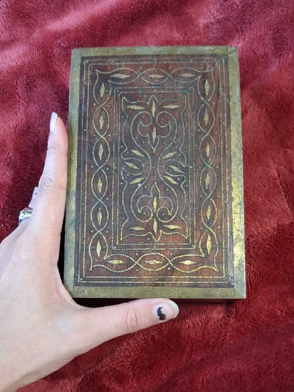 Vintage Hand-Carved Wooden Jewelry Box in Brown with Gold Trim And Brass Inlays